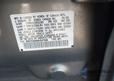 2008 Acura Mdx Technology Package z USA, uszkodzony, nr VIN 2HNYD28468H547849